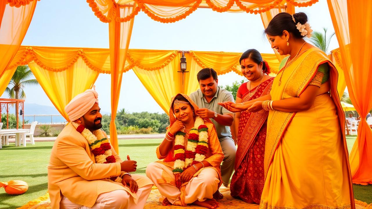 Haldi Ceremony — A vibrant yellow Haldi setup with marigold flowers, turmeric rituals and joyful family moments.