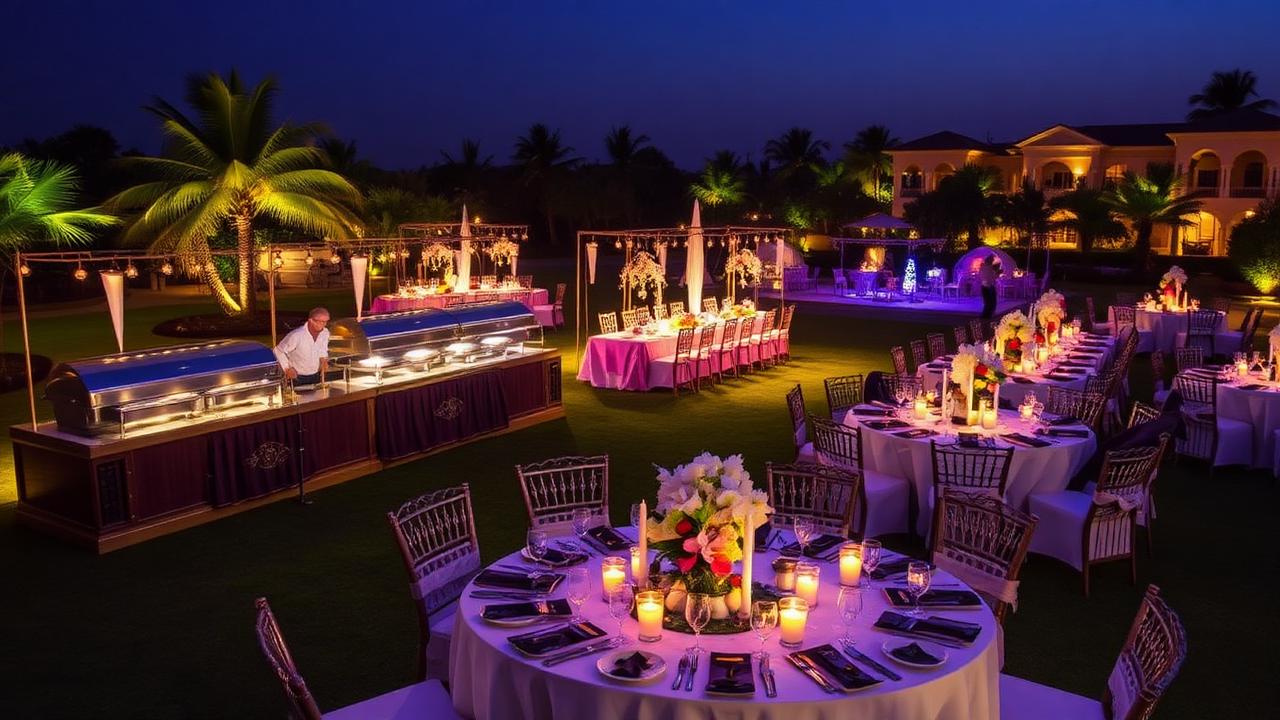 Gala Dinner — A luxurious wedding dinner with premium buffet counters, live stations and beautifully decorated seating.