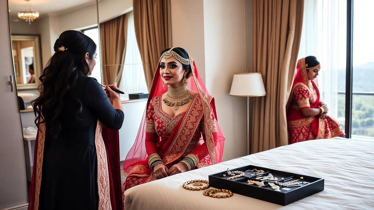 Bride and Groom Preparation — Intimate getting-ready moments — bridal styling and grooming in separate luxury suites.