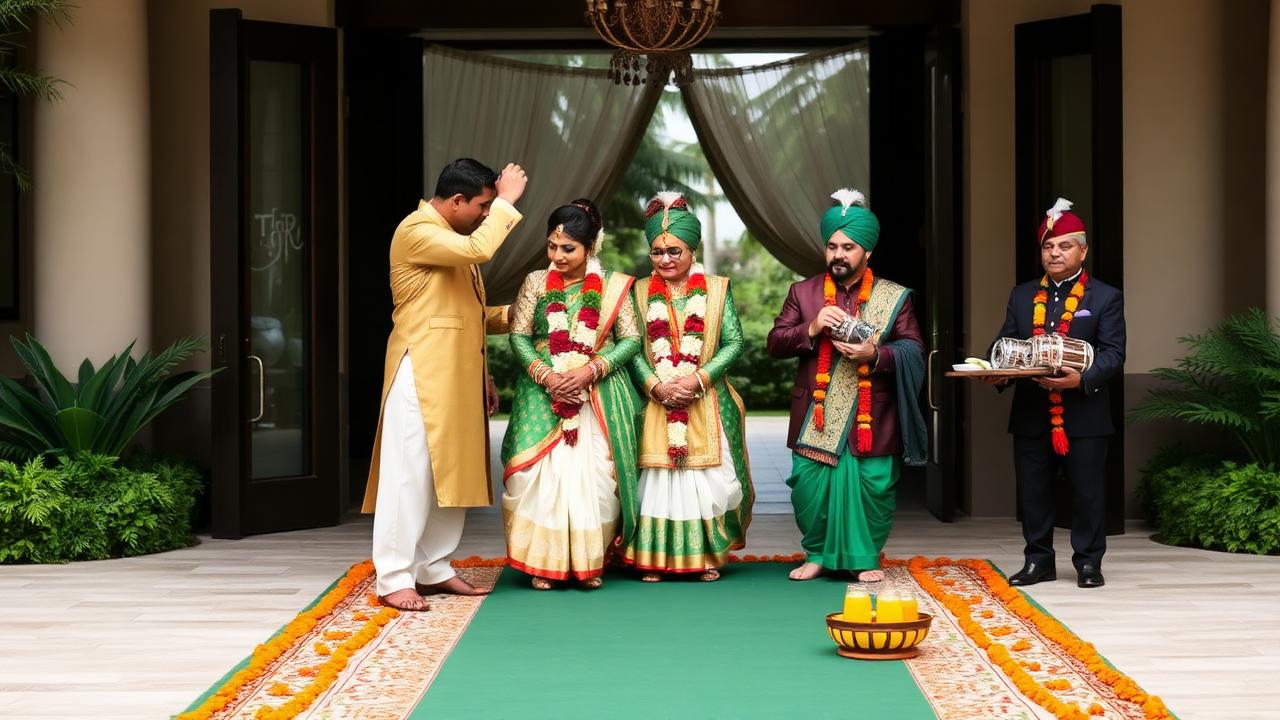 Traditional Welcome Ceremony — A royal welcome with tilak, fresh flower garlands, live dhol and refreshing welcome drinks at the entrance.