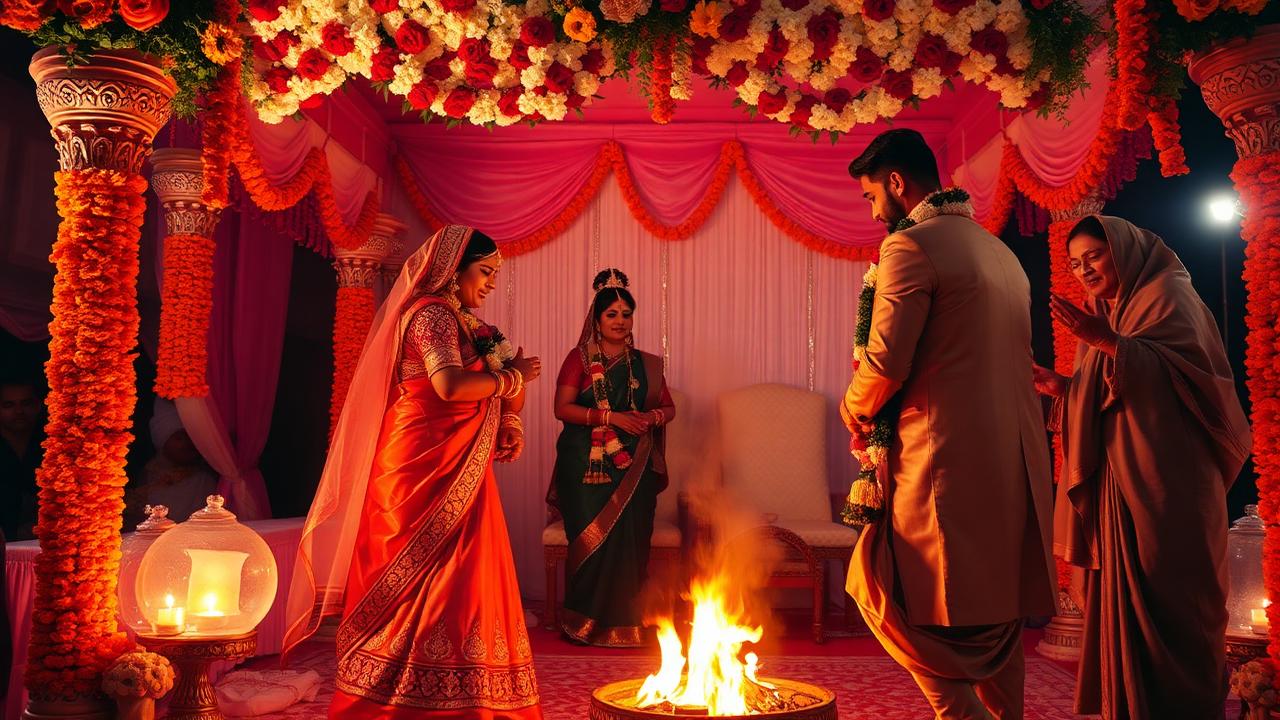 Wedding Ceremony and Pheras — Sacred vows and pheras around the holy fire in a premium floral mandap, guided by traditional rituals.