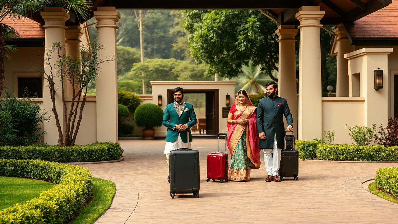 Guest Arrival at the Resort — Families arrive at the resort's grand portico, where our team receives every guest with warm smiles and seamless luggage assistance.