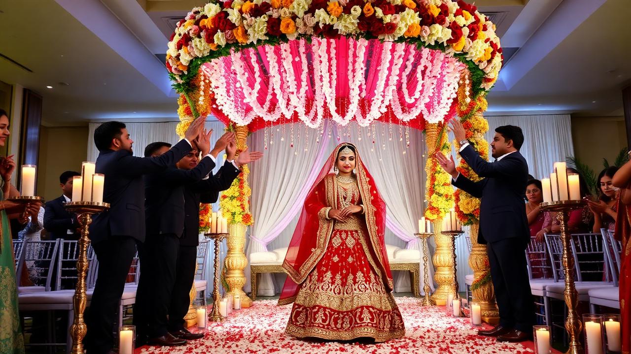 Bridal Entry with Phoolon Ki Chadar — The bride's breathtaking entrance beneath a decorated flower canopy, showered with petals.