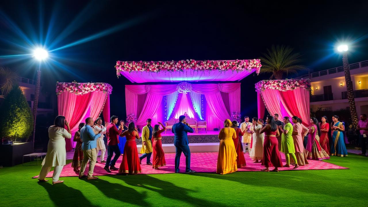 Sangeet Night — A grand Sangeet stage comes alive with family dance performances, music and entertainment late into the night.