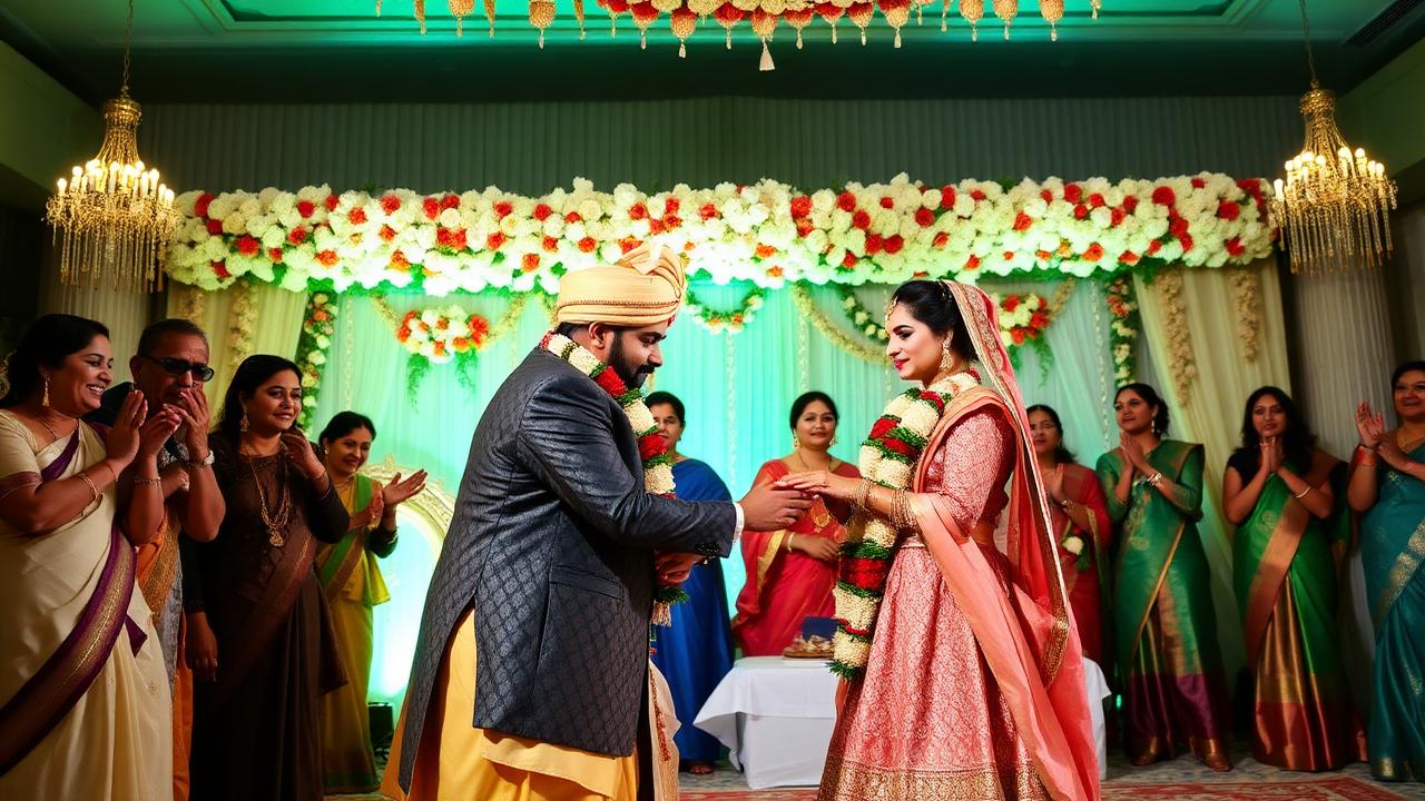 Jaimala Ceremony — The couple exchanges flower garlands on a beautifully decorated stage as guests cheer them on.
