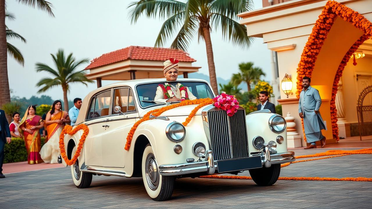 Rath or Vintage Car Entry — A show-stopping groom entry in a flower-decked Rath or luxury vintage car.