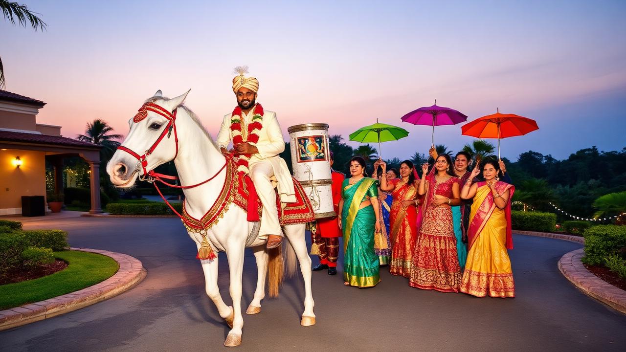 Baraat Procession — The groom's grand Baraat with a full band, dancing guests and festive lighting along the resort driveway.
