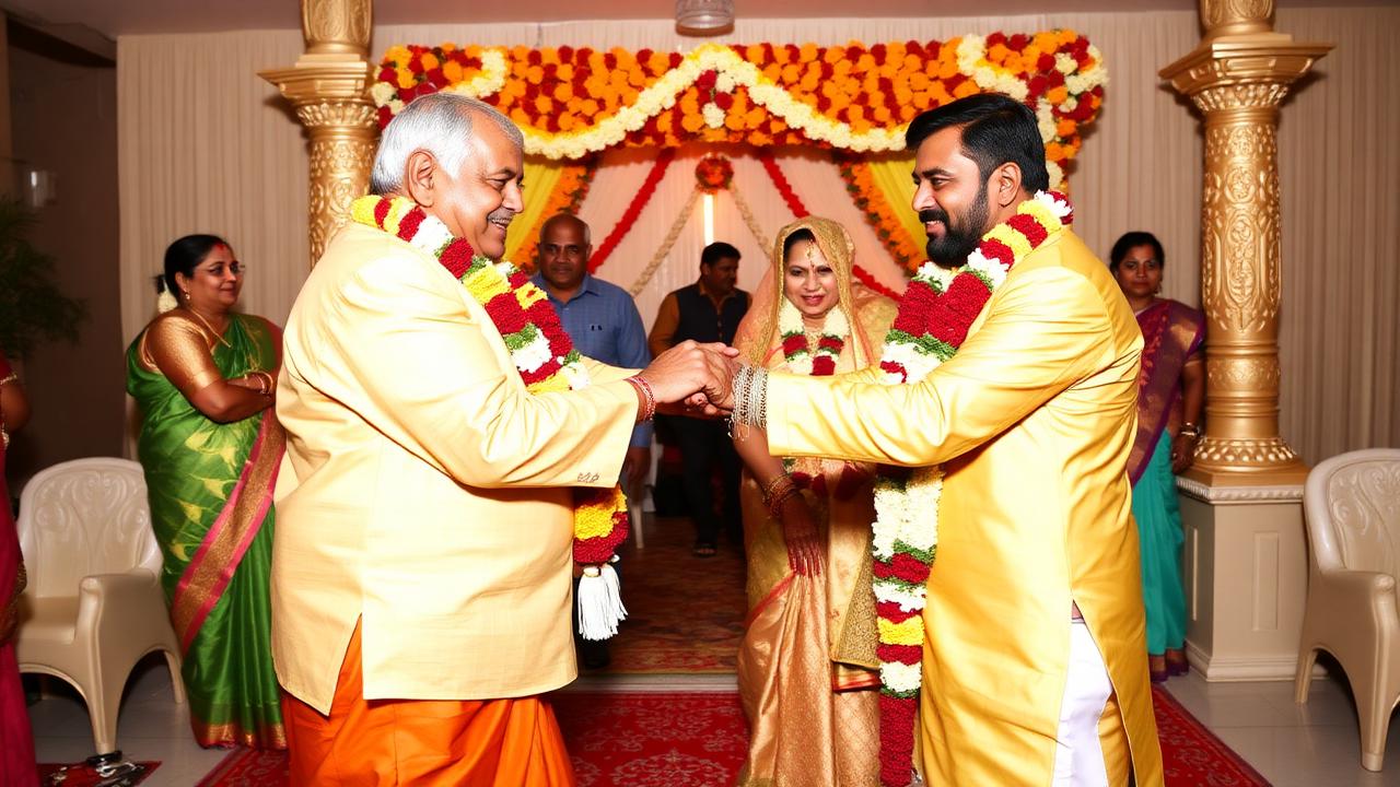 Milni Ceremony — The traditional meeting of both families — garlands exchanged and embraces shared at the venue entrance.