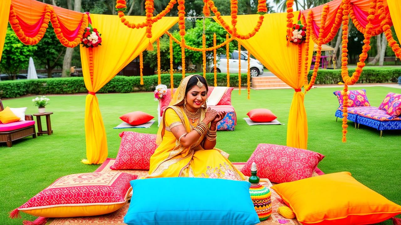 Mehendi Ceremony — A colourful outdoor Mehendi setup with vibrant florals, cushions and drapes as the bride's henna ceremony unfolds.