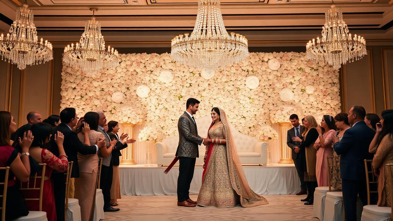 Reception Celebration — The newlyweds greet their guests from an elegant reception stage beneath crystal chandeliers.