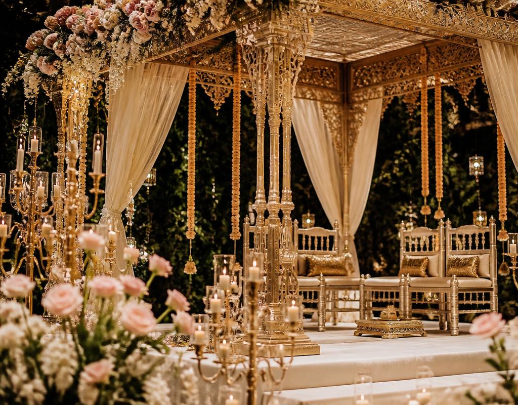 Royal gold and ivory wedding mandap decor